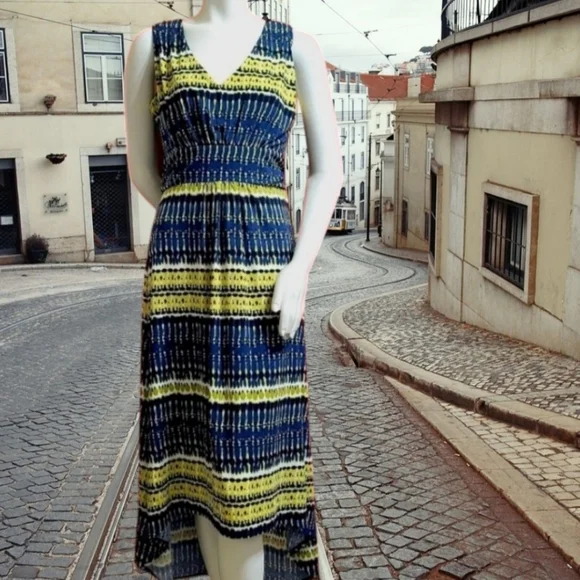 Kelly By Clinton Kelly Vibrant Sleeveless High-Low Dress in Blue and Yellow - Picture 5 of 12